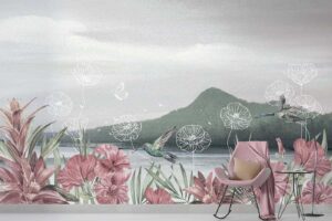 Tropical watercolor flowers on a blue white sky