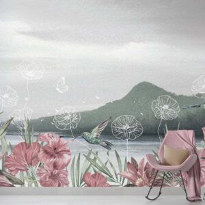 Tropical watercolor flowers on a blue white sky