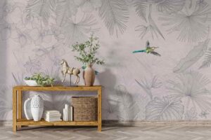 Birds flying on a tropical line art background