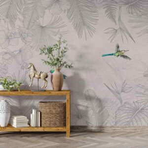 Birds flying on a tropical line art background