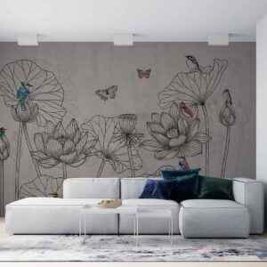 Birds Flower and foliage line art