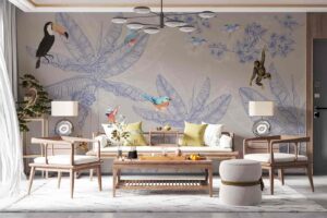 Hand drawn trees leaves with toucan bird