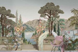 Wall mural with tropical trees and white peacocks
