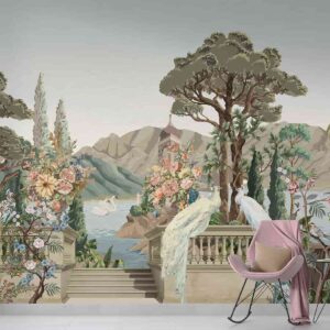Wall mural with tropical trees and white peacocks