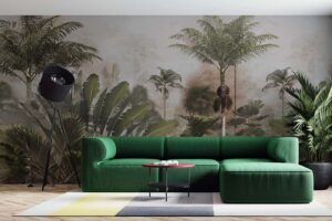 Tropical jungle with palm, banana trees and leaves