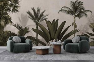 Tropical jungle with palm, banana trees and foliage