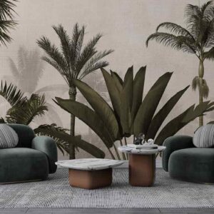Tropical jungle with palm, banana trees and foliage