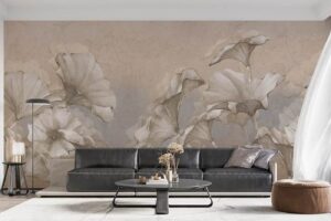 Textured Lotus Wallpaper- Beige Watercolor Floral Mural for Interiors