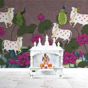 Sacred Cow and Lotus Wallpaper | Spiritual Indian Wall Mural for Living Spaces