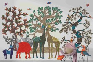 Gond Art Inspired Wall Mural | Traditional Indian Wall Design