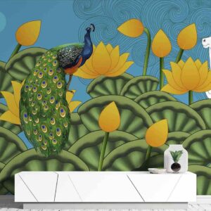 Kamal Talai with beautiful peacock colorful Pichwai Indian Wallpaper