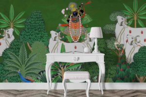 Shrinathji surrounded with Cows and Trees