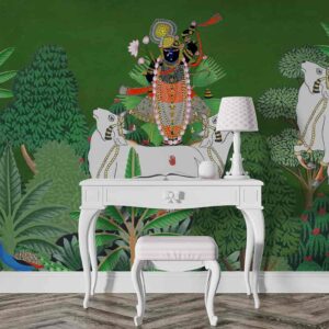 Shrinathji surrounded with Cows and Trees