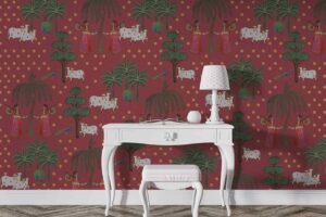 Traditional Pichwai -trees cow lady peacock-Rust