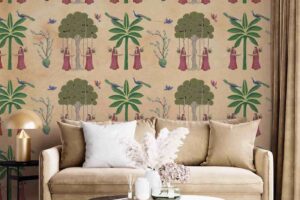 Traditional Pichwai-trees cow lady peacock-Beige