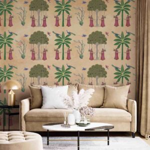 Traditional Pichwai-trees cow lady peacock-Beige