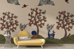 Indian Tribal Gond Style Wall Mural | Tree of Life with Deers & Birds Wallmural