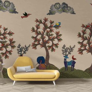 Indian Tribal Gond Style Wall Mural | Tree of Life with Deers & Birds Wallmural