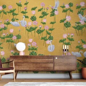 Golden Swans in lotus pond Wallpaper Mural