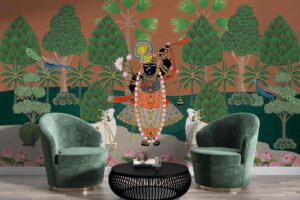 Pichwai Krishna Wallpaper | Wall Mural with Cows and Peacocks