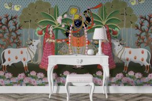 Divine Krishna Wall Decor | Pichwai Style Wallpaper Mural for Living Spaces