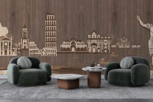 Italian Heritage Wood-Inlay Wallpaper- Classical Rome & Venice Mural Design