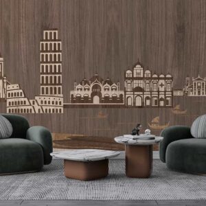 Italian Heritage Wood-Inlay Wallpaper- Classical Rome & Venice Mural Design
