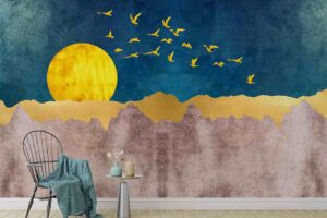 Mystical Nature Wallpaper Mural- Moonlit Mountains with Flying Birds Wall Art