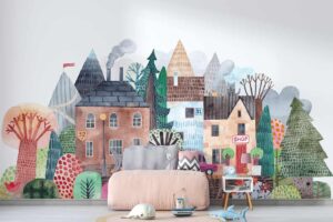 Watercolor City Landscape with mountain river boat trees car