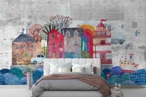 City Watercolor scenic background on a brick background