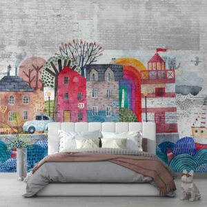 City Watercolor scenic background on a brick background
