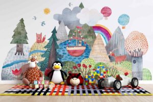 Aquarelle panorama forest with lake boat foxes and rainbow