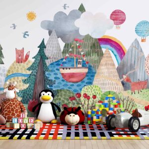 Aquarelle panorama forest with lake boat foxes and rainbow