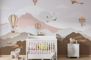 Scenic brown mountains with flying hot air balloons