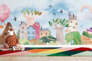 Watercolor landscape, mountain, houses cars and Birds