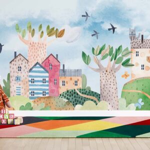 Watercolor landscape, mountain, houses cars and Birds