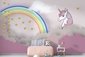 Unicorn, rainbow and stars admits pink clouds