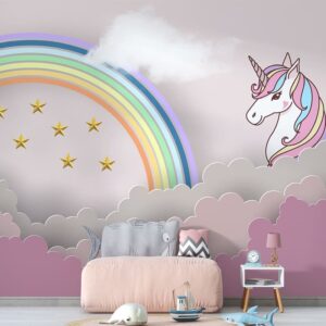 Unicorn, rainbow and stars admits pink clouds