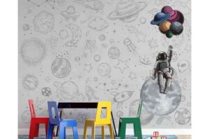 Cute doodle astronauts, planets, rockets and stars in space