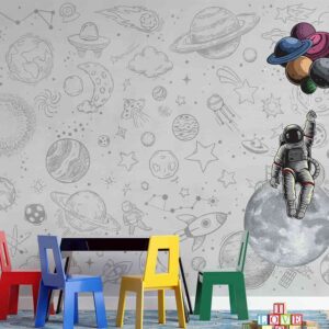 Cute doodle astronauts, planets, rockets and stars in space