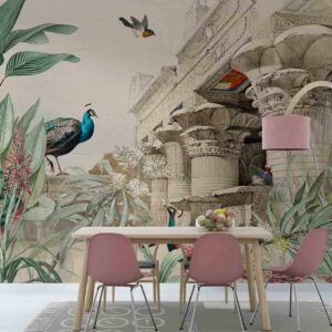 Egyptian architecture with trees ,peacock and birds