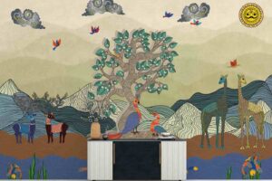 Indian Gond Art Wallpaper-Deers, Peacock, Giraffe landscape