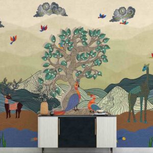 Indian Gond Art Wallpaper-Deers, Peacock, Giraffe landscape