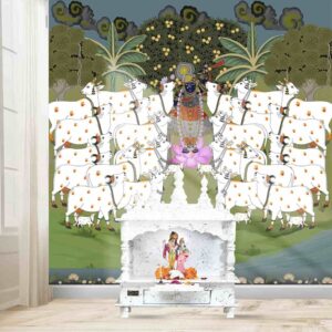 Krishna with cows- Indian Pichwai inspired Wallpaper Mural