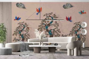 Indian Tribal Gond Style Wall Mural | Tree of Life with Elephants & Peacocks Wallpaper