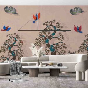 Indian Tribal Gond Style Wall Mural | Tree of Life with Elephants & Peacocks Wallpaper