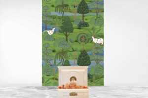 Traditional Indian Wallpaper with Cows, Trees & Peacocks