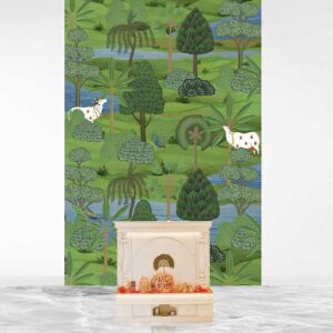 Traditional Indian Wallpaper with Cows, Trees & Peacocks