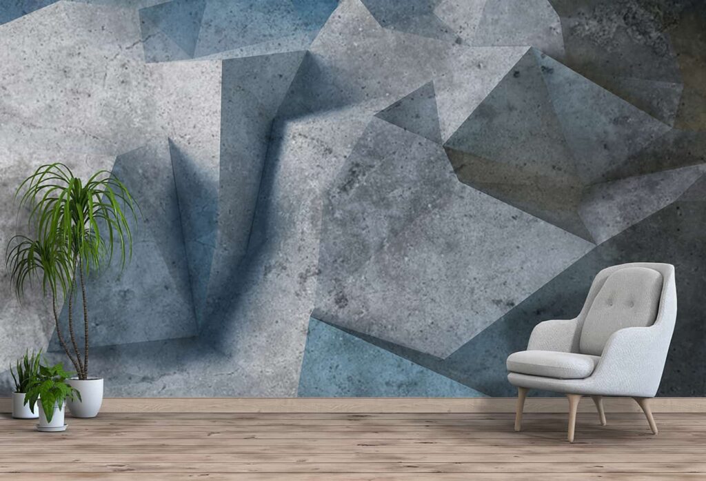 3D geometric concrete wallpaper by WallCurry creating a bold modern statement wall in living rooms