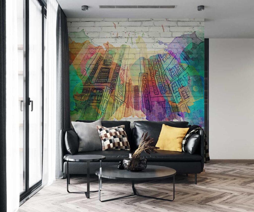 Bricked artistic cityscape wallpaper by WallCurry bringing an urban and contemporary look to living rooms